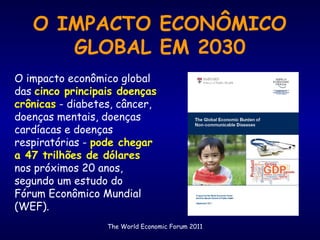 O IMPACTO ECONÔMICO
GLOBAL EM 2030
O impacto econômico global
das cinco principais doenças
crônicas - diabetes, câncer,
doenças mentais, doenças
cardíacas e doenças
respiratórias - pode chegar
a 47 trilhões de dólares
nos próximos 20 anos,
segundo um estudo do
Fórum Econômico Mundial
(WEF).
The World Economic Forum 2011
 