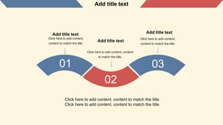 Add title text
01 03
02
Click here to add content,
content to match the title.
Add title text
Click here to add content,
content to match the title.
Add title text
Click here to add content, content
to match the title.
Add title text
Click here to add content, content to match the title.
Click here to add content, content to match the title.
 