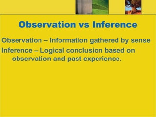 Observation vs InferenceObservation – Information gathered by senseInference – Logical conclusion based on observation and past experience.