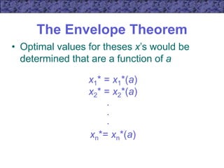 The Envelope Theorem
• Optimal values for theses x’s would be
determined that are a function of a
x1* = x1*(a)
x2* = x2*(a)
xn*= xn*(a)
.
.
.
 