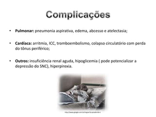 • Pulmonar: pneumonia aspirativa, edema, abcesso e atelectasia;

• Cardíaca: arritmia, ICC, tromboembolismo, colapso circulatório com perda
  do tônus periférico;

• Outros: insuficiência renal aguda, hipoglicemia ( pode potencializar a
  depressão do SNC), hiperpirexia.




                               http://www.google.com.br/imgres?q=picada+de+c
 