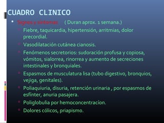 CUADRO CLINICO
 Signos y síntomas ( Duran aprox. 1 semana.)
 Fiebre, taquicardia, hipertensión, arritmias, dolor
precordial.
 Vasodilatación cutánea cianosis.
 Fenómenos secretorios: sudoración profusa y copiosa,
vómitos, sialorrea, rinorrea y aumento de secreciones
intestinales y bronquiales.
 Espasmos de musculatura lisa (tubo digestivo, bronquios,
vejiga, genitales).
 Poliaquiuria, disuria, retención urinaria , por espasmos de
esfínter, anuria pasajera.
 Poliglobulia por hemoconcentracíon.
 Dolores cólicos, priapismo.
 