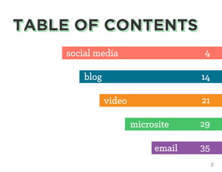 2
social media 4
blog 14
video 21
microsite 29
email 35
 
