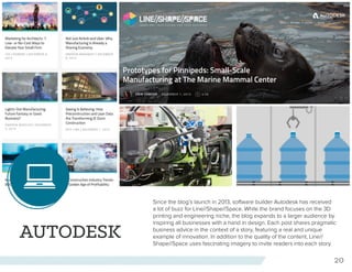 20
AUTODESK
Since the blog’s launch in 2013, software builder Autodesk has received
a lot of buzz for Line//Shape//Space. While the brand focuses on the 3D
printing and engineering niche, the blog expands to a larger audience by
inspiring all businesses with a hand in design. Each post shares pragmatic
business advice in the context of a story, featuring a real and unique
example of innovation. In addition to the quality of the content, Line//
Shape//Space uses fascinating imagery to invite readers into each story.
 