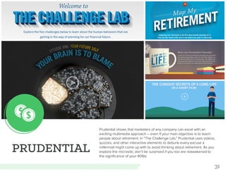 31
PRUDENTIAL
Prudential shows that marketers of any company can excel with an
exciting multimedia approach -- even if your main objective is to teach
people about retirement. In “The Challenge Lab,” Prudential uses videos,
quizzes, and other interactive elements to debunk every excuse a
millennial might come up with to avoid thinking about retirement. As you
explore the microsite, don’t be surprised if you too are reawakened to
the significance of your 401(k).
 