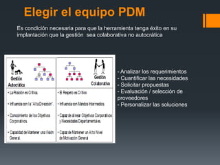 Elegir el equipo PDM
Es condición necesaria para que la herramienta tenga éxito en su
implantación que la gestión sea colaborativa no autocrática




                                        - Analizar los requerimientos
                                        - Cuantificar las necesidades
                                        - Solicitar propuestas
                                        - Evaluación / selección de
                                        proveedores
                                        - Personalizar las soluciones
 