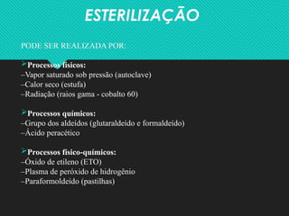 ESTERILIZAÇÃO
PODE SER REALIZADA POR:
Processos físicos:
–Vapor saturado sob pressão (autoclave)
–Calor seco (estufa)
–Radiação (raios gama - cobalto 60)
Processos químicos:
–Grupo dos aldeídos (glutaraldeído e formaldeído)
–Ácido peracético
Processos físico-químicos:
–Óxido de etileno (ETO)
–Plasma de peróxido de hidrogênio
–Paraformoldeído (pastilhas)
 