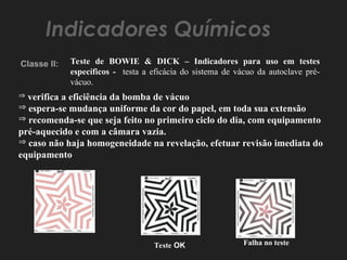 Indicadores Químicos
Teste de BOWIE & DICK – Indicadores para uso em testes
específicos - testa a eficácia do sistema de vácuo da autoclave pré-
vácuo.
Classe II:
 verifica a eficiência da bomba de vácuo
 espera-se mudança uniforme da cor do papel, em toda sua extensão
 recomenda-se que seja feito no primeiro ciclo do dia, com equipamento
pré-aquecido e com a câmara vazia.
 caso não haja homogeneidade na revelação, efetuar revisão imediata do
equipamento
Teste OK Falha no teste
 