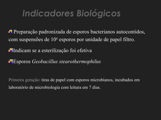 Indicadores Biológicos
Preparação padronizada de esporos bacterianos autocontidos,
com suspensões de 106
esporos por unidade de papel filtro.
Indicam se a esterilização foi efetiva
Esporos Geobacillus stearothermophilus
Primeira geração: tiras de papel com esporos microbianos, incubados em
laboratório de microbiologia com leitura em 7 dias.
 