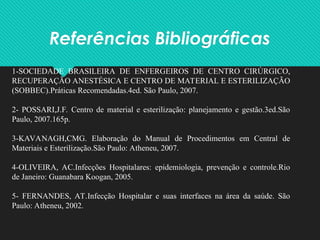 Referências Bibliográficas
1-SOCIEDADE BRASILEIRA DE ENFERGEIROS DE CENTRO CIRÚRGICO,
RECUPERAÇÃO ANESTÉSICA E CENTRO DE MATERIAL E ESTERILIZAÇÃO
(SOBBEC).Práticas Recomendadas.4ed. São Paulo, 2007.
2- POSSARI,J.F. Centro de material e esterilização: planejamento e gestão.3ed.São
Paulo, 2007.165p.
3-KAVANAGH,CMG. Elaboração do Manual de Procedimentos em Central de
Materiais e Esterilização.São Paulo: Atheneu, 2007.
4-OLIVEIRA, AC.Infecções Hospitalares: epidemiologia, prevenção e controle.Rio
de Janeiro: Guanabara Koogan, 2005.
5- FERNANDES, AT.Infecção Hospitalar e suas interfaces na área da saúde. São
Paulo: Atheneu, 2002.
 