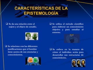 CARACTERÍSTICAS DE LA
EPISTEMOLOGÍA
 Se da una relación entre el
sujeto y el objeto de estudio.
 Se utiliza el método científico
para elaborar un conocimiento
objetivo y para estudiar el
entorno.
 Se enfoca en la manera de
cómo el individuo actúa para
desarrollar sus estructuras de
conocimiento.
 Se relaciona con las diferentes
justificaciones que el hombre
tiene acerca de sus creencias y
conocimientos.
 