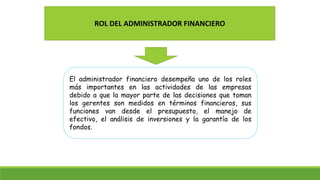 ROL DEL ADMINISTRADOR FINANCIERO 
El administrador financiero desempeña uno de los roles 
más importantes en las actividades de las empresas 
debido a que la mayor parte de las decisiones que toman 
los gerentes son medidos en términos financieros, sus 
funciones van desde el presupuesto, el manejo de 
efectivo, el análisis de inversiones y la garantía de los 
fondos. 
 