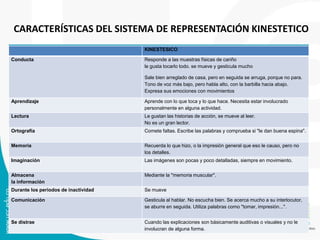 CARACTERÍSTICAS DEL SISTEMA DE REPRESENTACIÓN KINESTETICO
KINESTESICO
Conducta

Responde a las muestras físicas de cariño
le gusta tocarlo todo. se mueve y gesticula mucho
Sale bien arreglado de casa, pero en seguida se arruga, porque no para.
Tono de voz más bajo, pero habla alto, con la barbilla hacia abajo.
Expresa sus emociones con movimientos

Aprendizaje

Aprende con lo que toca y lo que hace. Necesita estar involucrado
personalmente en alguna actividad.

Lectura

Le gustan las historias de acción, se mueve al leer.
No es un gran lector.

Ortografía

Comete faltas. Escribe las palabras y comprueba si "le dan buena espina".

Memoria

Recuerda lo que hizo, o la impresión general que eso le causo, pero no
los detalles.

Imaginación

Las imágenes son pocas y poco detalladas, siempre en movimiento.

Almacena
la información

Mediante la "memoria muscular".

Durante los periodos de inactividad

Se mueve

Comunicación

Gesticula al hablar. No escucha bien. Se acerca mucho a su interlocutor,
se aburre en seguida. Utiliza palabras como "tomar, impresión...".

Se distrae

Cuando las explicaciones son básicamente auditivas o visuales y no le
involucran de alguna forma.

 