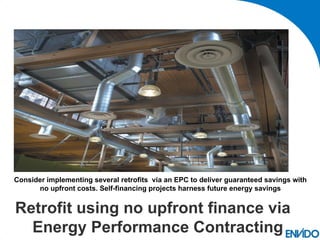 Consider implementing several retrofits via an EPC to deliver guaranteed savings with
      no upfront costs. Self-financing projects harness future energy savings


Retrofit using no upfront finance via
  Energy Performance Contracting
 