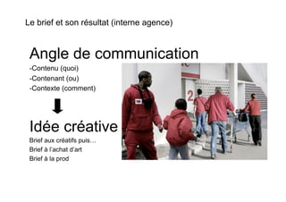 Le brief et son résultat (interne agence)


 Angle de communication
 -  ontenu (quoi)
  C
 -  ontenant (ou)
  C
 -  ontexte (comment)
  C




 Idée créative
 Brief aux créatifs puis…
 Brief à l’achat d’art
 Brief à la prod
 