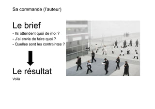 Sa commande (l’auteur)


Le brief
- Ils attendent quoi de moi ?
- J’ai envie de faire quoi ?
- Quelles sont les contraintes ?




Le résultat
Voilà
 