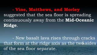 - Vine, Matthews, and Morley
suggested that the sea floor is spreading
continuously away from the Mid-Oceanic
Ridge.
- New basalt lava rises through cracks
that form at the ridge axis as the two sides
of the sea floor separate.
 