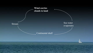 Wind carries
clouds to land
Sea water
evaporates
Stream
Continental shelf
 