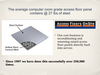 The average computer room grade access floor panel
                  contains @ 27 lbs of steel




                                     ✤   Our core business is
                                         reconditioning and
                                         returning raised access
                                         floor panels directly back
                                         into service.



✤   Since 1997 we have done this successfully over 250,000
    times.
 