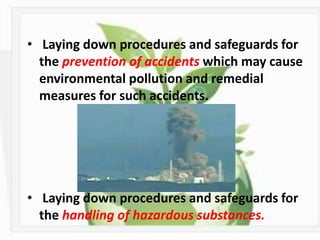 • Laying down procedures and safeguards for
the prevention of accidents which may cause
environmental pollution and remedial
measures for such accidents.
• Laying down procedures and safeguards for
the handling of hazardous substances.
 