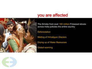 you are affectedThe Smoke from over 150 million Firewood stoves across India pollutes the entire countryDeforestationMelting of Himalayan GlaciersDrying up of Water Resources Global warming