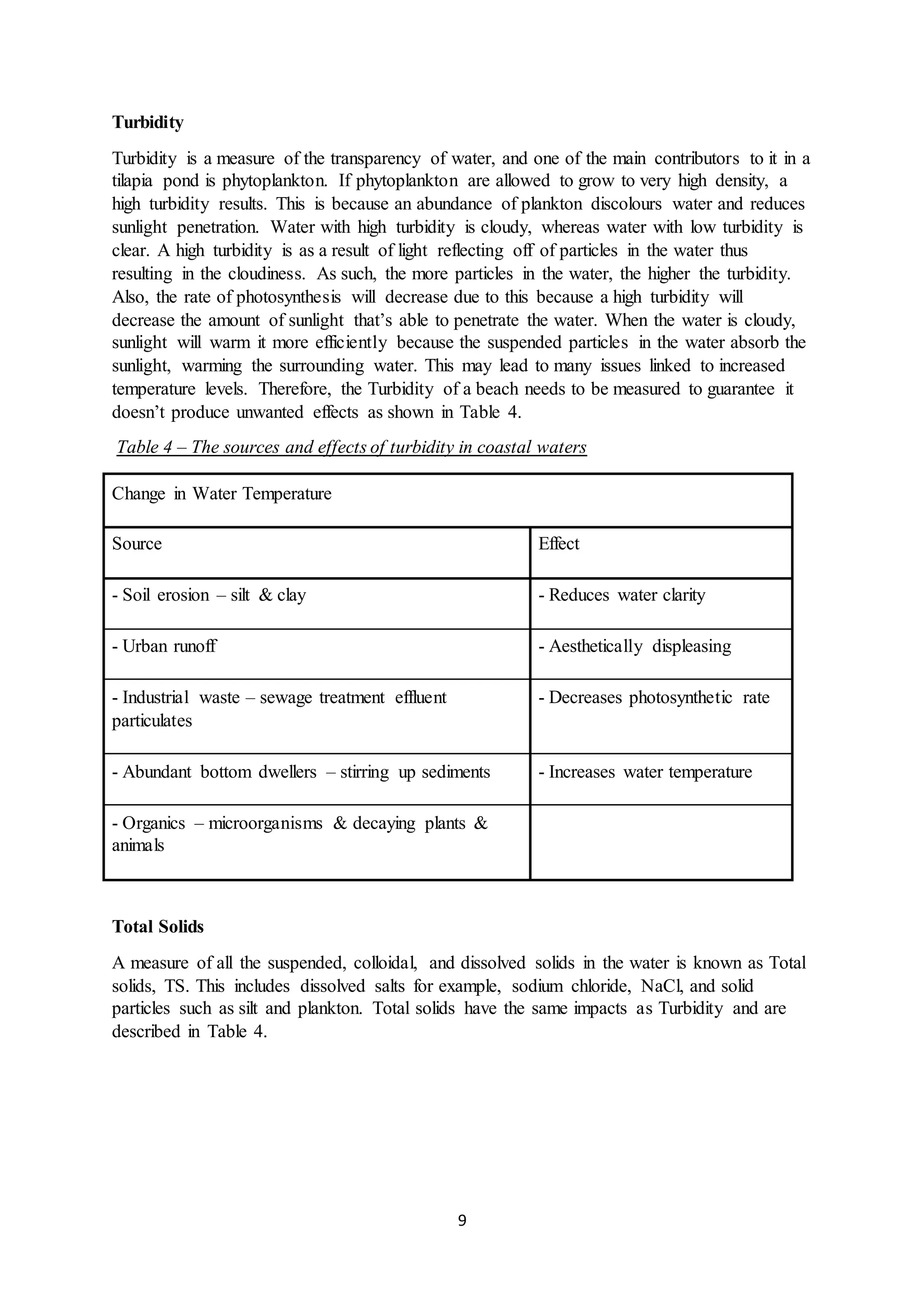 9
Turbidity
Turbidity is a measure of the transparency of water, and one of the main contributors to it in a
tilapia pond is phytoplankton. If phytoplankton are allowed to grow to very high density, a
high turbidity results. This is because an abundance of plankton discolours water and reduces
sunlight penetration. Water with high turbidity is cloudy, whereas water with low turbidity is
clear. A high turbidity is as a result of light reflecting off of particles in the water thus
resulting in the cloudiness. As such, the more particles in the water, the higher the turbidity.
Also, the rate of photosynthesis will decrease due to this because a high turbidity will
decrease the amount of sunlight that’s able to penetrate the water. When the water is cloudy,
sunlight will warm it more efficiently because the suspended particles in the water absorb the
sunlight, warming the surrounding water. This may lead to many issues linked to increased
temperature levels. Therefore, the Turbidity of a beach needs to be measured to guarantee it
doesn’t produce unwanted effects as shown in Table 4.
Table 4 – The sources and effects of turbidity in coastal waters
Change in Water Temperature
Source Effect
- Soil erosion – silt & clay - Reduces water clarity
- Urban runoff - Aesthetically displeasing
- Industrial waste – sewage treatment effluent
particulates
- Decreases photosynthetic rate
- Abundant bottom dwellers – stirring up sediments - Increases water temperature
- Organics – microorganisms & decaying plants &
animals
Total Solids
A measure of all the suspended, colloidal, and dissolved solids in the water is known as Total
solids, TS. This includes dissolved salts for example, sodium chloride, NaCl, and solid
particles such as silt and plankton. Total solids have the same impacts as Turbidity and are
described in Table 4.
 
