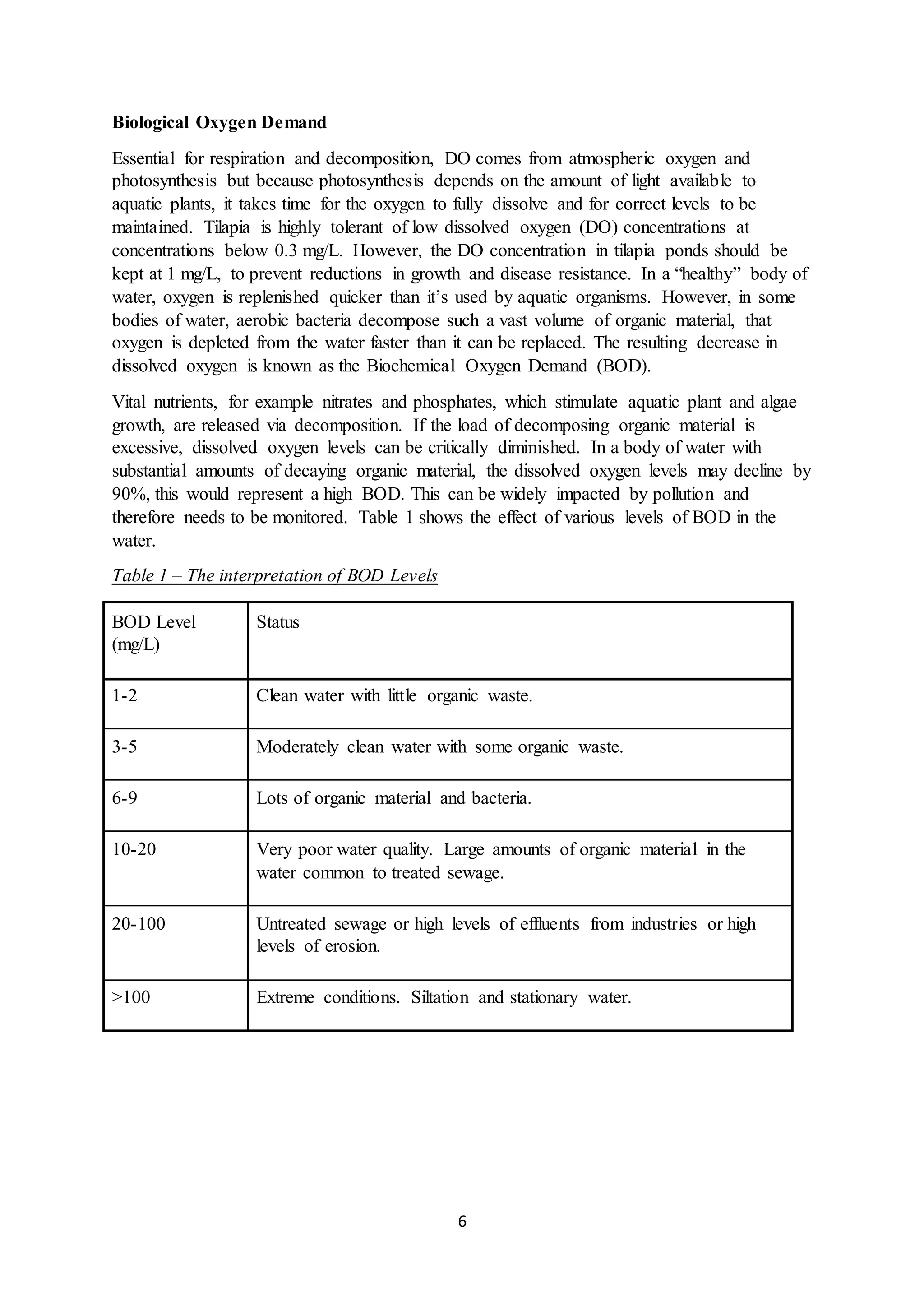 6
Biological Oxygen Demand
Essential for respiration and decomposition, DO comes from atmospheric oxygen and
photosynthesis but because photosynthesis depends on the amount of light available to
aquatic plants, it takes time for the oxygen to fully dissolve and for correct levels to be
maintained. Tilapia is highly tolerant of low dissolved oxygen (DO) concentrations at
concentrations below 0.3 mg/L. However, the DO concentration in tilapia ponds should be
kept at 1 mg/L, to prevent reductions in growth and disease resistance. In a “healthy” body of
water, oxygen is replenished quicker than it’s used by aquatic organisms. However, in some
bodies of water, aerobic bacteria decompose such a vast volume of organic material, that
oxygen is depleted from the water faster than it can be replaced. The resulting decrease in
dissolved oxygen is known as the Biochemical Oxygen Demand (BOD).
Vital nutrients, for example nitrates and phosphates, which stimulate aquatic plant and algae
growth, are released via decomposition. If the load of decomposing organic material is
excessive, dissolved oxygen levels can be critically diminished. In a body of water with
substantial amounts of decaying organic material, the dissolved oxygen levels may decline by
90%, this would represent a high BOD. This can be widely impacted by pollution and
therefore needs to be monitored. Table 1 shows the effect of various levels of BOD in the
water.
Table 1 – The interpretation of BOD Levels
BOD Level
(mg/L)
Status
1-2 Clean water with little organic waste.
3-5 Moderately clean water with some organic waste.
6-9 Lots of organic material and bacteria.
10-20 Very poor water quality. Large amounts of organic material in the
water common to treated sewage.
20-100 Untreated sewage or high levels of effluents from industries or high
levels of erosion.
>100 Extreme conditions. Siltation and stationary water.
 