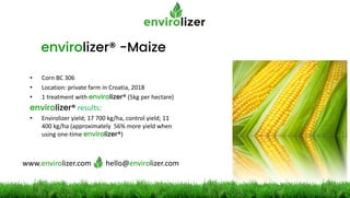 envirolizer® -Maize
• Corn BC 306
• Location: private farm in Croatia, 2018
• 1 treatment with envirolizer® (5kg per hectare)
envirolizer® results:
• Envirolizer yield; 17 700 kg/ha, control yield; 11
400 kg/ha (approximately 56% more yield when
using one-time envirolizer®)
www.envirolizer.com hello@envirolizer.com
 