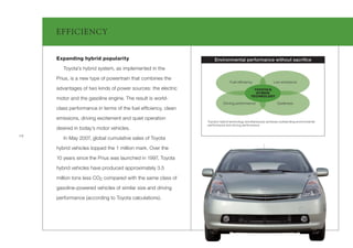 EF FICIENCY


     Expanding hybrid popularity                                   Environmental performance without sacriﬁce
        Toyota’s hybrid system, as implemented in the

     Prius, is a new type of powertrain that combines the
                                                                              Fuel efﬁciency                 Low emissions
     advantages of two kinds of power sources: the electric                                    TOYOTA’S
                                                                                                HYBRID
                                                                                             TECHNOLOGY
     motor and the gasoline engine. The result is world-
                                                                          Driving performance                   Quietness
     class performance in terms of the fuel efﬁciency, clean

     emissions, driving excitement and quiet operation
                                                               Toyota’s hybrid technology simultaneously achieves outstanding environmental
                                                               performance and driving performance
     desired in today’s motor vehicles.
10
        In May 2007, global cumulative sales of Toyota

     hybrid vehicles topped the 1 million mark. Over the

     10 years since the Prius was launched in 1997, Toyota

     hybrid vehicles have produced approximately 3.5

     million tons less CO2 compared with the same class of

     gasoline-powered vehicles of similar size and driving

     performance (according to Toyota calculations).
 