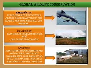 Global wildlife conservation

          Marin/Water
  is the resource that covers
almost three-quarters of the
planet, and upon which all life
            depends.


           Soil erosion
 is an urgent problem because
               new
     soil forms very slowly


           LIVESTOCK
many livestock operations are
   specialized, that is, not
combined with crop production.
 Thus, their manure creates a
huge waste disposal problem.
 