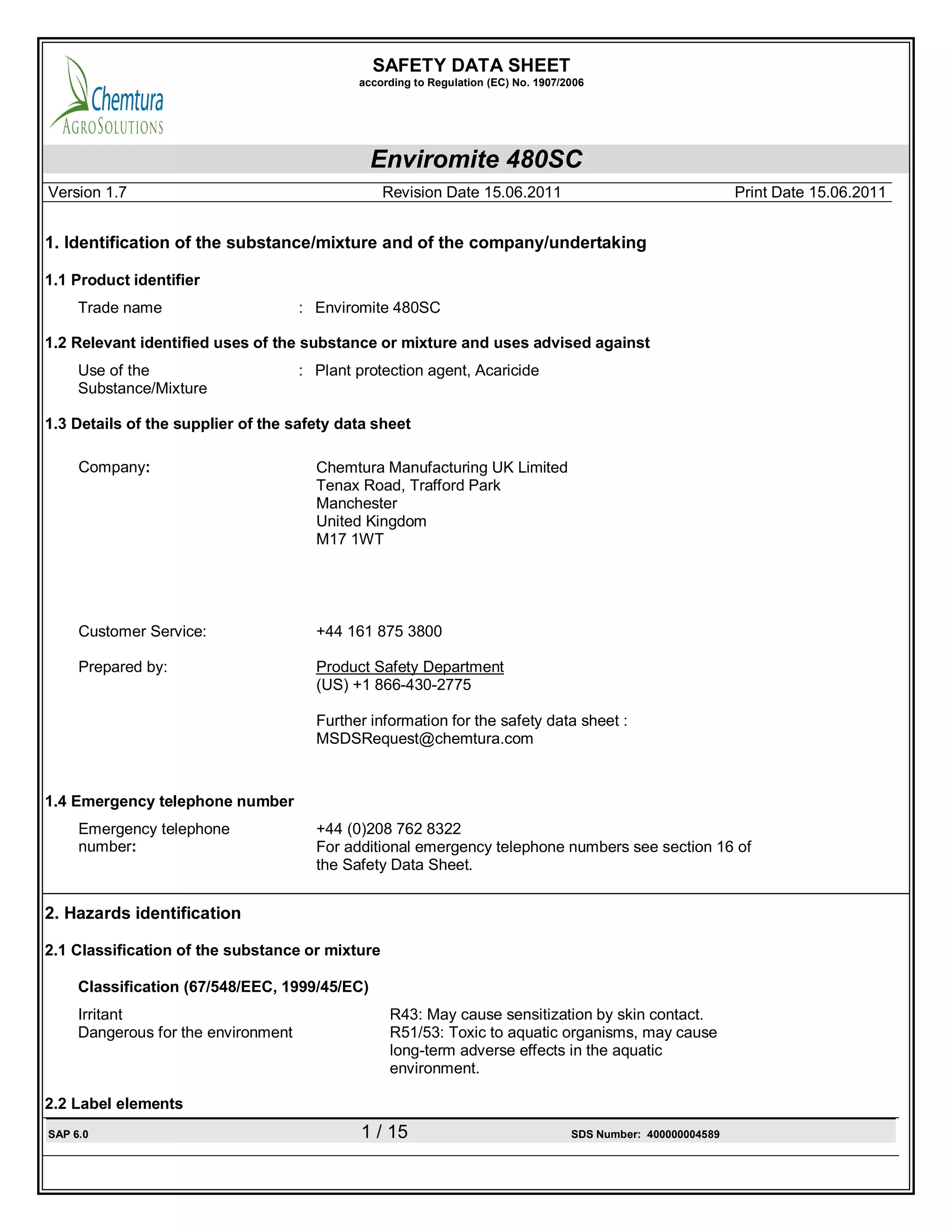 Enviromite 480 sc (english sds) | PDF