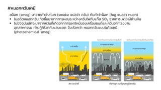 #หมอกควันเคมี
สม็อก (smog) มาจากคาว่าสโมก (smoke แปลว่า ควัน) กับคาว่าฟ็อก (fog แปลว่า หมอก)
▪ ในอดีตหมอกควันเกิดขึ้นมาจากการผสมระหว่างควันไฟกับแก๊ส SO2 จากการเผาไหม้ถ่านหิน
▪ ในปัจจุบันมักจะมาจากควันที่เกิดจากการเผาไหม้ของเครื่องยนต์และควันจากโรงงาน
อุตสาหกรรม ทาปฏิกิริยากับแสงแดด จึงเรียกว่า หมอกควันแบบโฟโตเคมี
(photochemical smog)
 