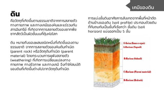 เคมีของดิน
การแบ่งชั้นดินอาศัยการสังเกตจากพื้นที่หน้าตัด
ด้านข้างของดิน (soil profile) ประกอบด้วยดิน
ที่ทับถมกันเป็นชั้นที่เรียกว่า ชั้นดิน (soil
horizon) แบ่งออกเป็น 5 ชั้น
ดิน
คือวัตถุที่เกิดขึ้นตามธรรมชาติจากการสลายตัว
ทางกายภาพ และทางเคมีของหินและแร่รวมกับ
สารอินทรีย์ ที่เกิดจากการสลายตัวของซากพืช
ซากสัตว์เป็นผิวชั้นบนที่หุ้มห่อโลก
ดิน หมายถึงของผสมชนิดหนึ่งที่เกิดขึ้นเองตาม
ธรรมชาติ จากการสลายตัวของหินต้นกาเนิด
(parent rock) หรือวัตถุต้นกาเนิด (parent
material) โดยกระบวนการผุพังสลายตัว
(weathering) ที่เกิดการเปลี่ยนแปลงทาง
กายภาพ ทางชีวภาพ และทางเคมี จึงทาให้สมบัติ
ของดินที่เกิดขึ้นต่างไปจากวัตถุต้นกาเนิด
 