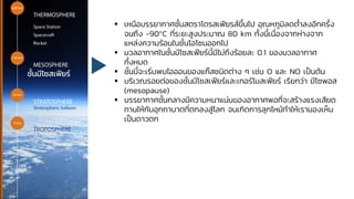 ชั้นมีโซสเฟียร์
▪ เหนือบรรยากาศชั้นสตราโตรสเฟียรส์ขึ้นไป อุณหภูมิลดต่าลงอีกครั้ง
จนถึง -90°C ที่ระยะสูงประมาณ 80 km ทั้งนี้เนื่องจากห่างจาก
แหล่งความร้อนในชั้นโอโซนออกไป
▪ มวลอากาศในชั้นมีโซสเฟียร์นี้มีไม่ถึงร้อยละ 0.1 ของมวลอากาศ
ทั้งหมด
▪ ชั้นนี้จะเริ่มพบไอออนของแก๊สชนิดต่าง ๆ เช่น O และ NO เป็นต้น
▪ บริเวณรอยต่อของชั้นมีโซสเฟียร์และเทอร์โมสเฟียร์ เรียกว่า มีโซพอส
(mesopause)
▪ บรรยากาศชั้นกลางมีความหนาแน่นของอากาศพอที่จะสร้างแรงเสียด
ทานให้กับอุกกาบาตที่ตกลงสู่โลก จนเกิดการลุกไหม้ทาให้เรามองเห็น
เป็นดาวตก
 