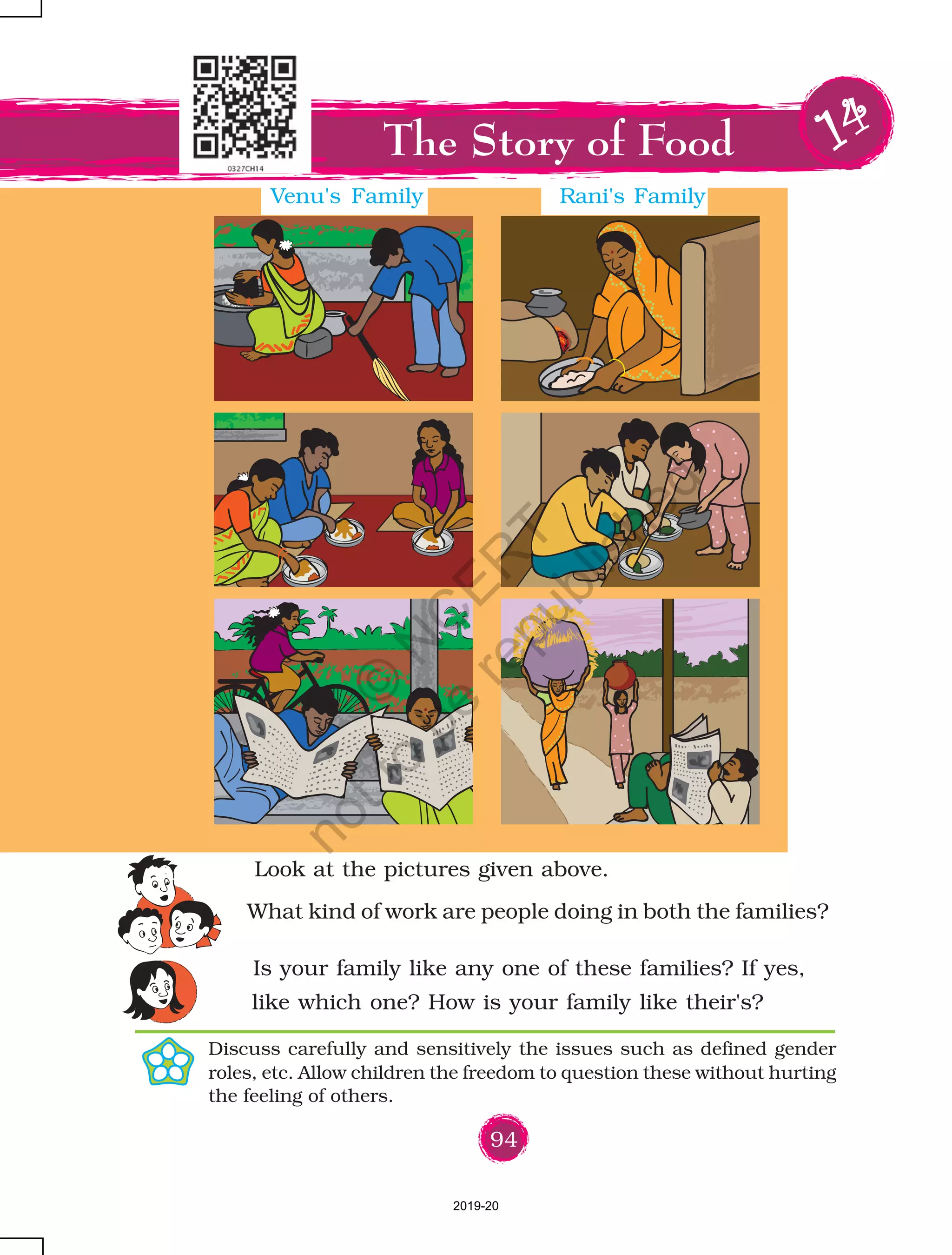 94
Is your family like any one of these families? If yes,
like which one? How is your family like their's?
The Story of Food 11111
What kind of work are people doing in both the families?
Discuss carefully and sensitively the issues such as defined gender
roles, etc. Allow children the freedom to question these without hurting
the feeling of others.
Venu's Family Rani's Family
e_ Look at the pictures given above.
2019-20
©
N
C
ER
T
notto
be
republished
 