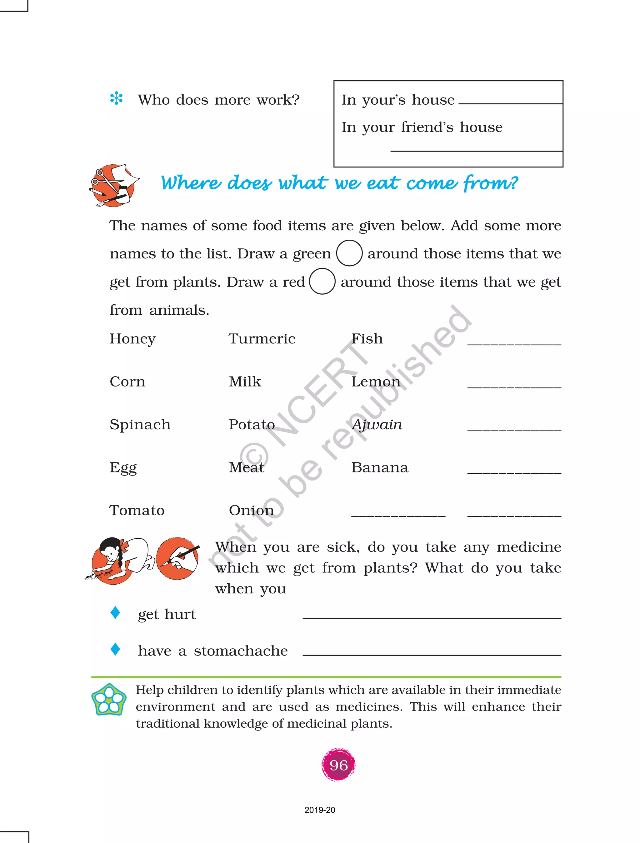 96
D Who does more work? In your’s house
In your friend’s house
Where does what we eat come from?Where does what we eat come from?Where does what we eat come from?Where does what we eat come from?Where does what we eat come from?
The names of some food items are given below. Add some more
names to the list. Draw a green around those items that we
get from plants. Draw a red around those items that we get
from animals.
Honey Turmeric Fish ____________
Corn Milk Lemon ____________
Spinach Potato Ajwain ____________
Egg Meat Banana ____________
Tomato Onion ____________ ____________
When you are sick, do you take any medicine
which we get from plants? What do you take
when you
o get hurt
o have a stomachache
Help children to identify plants which are available in their immediate
environment and are used as medicines. This will enhance their
traditional knowledge of medicinal plants.
2019-20
©
N
C
ER
T
notto
be
republished
 