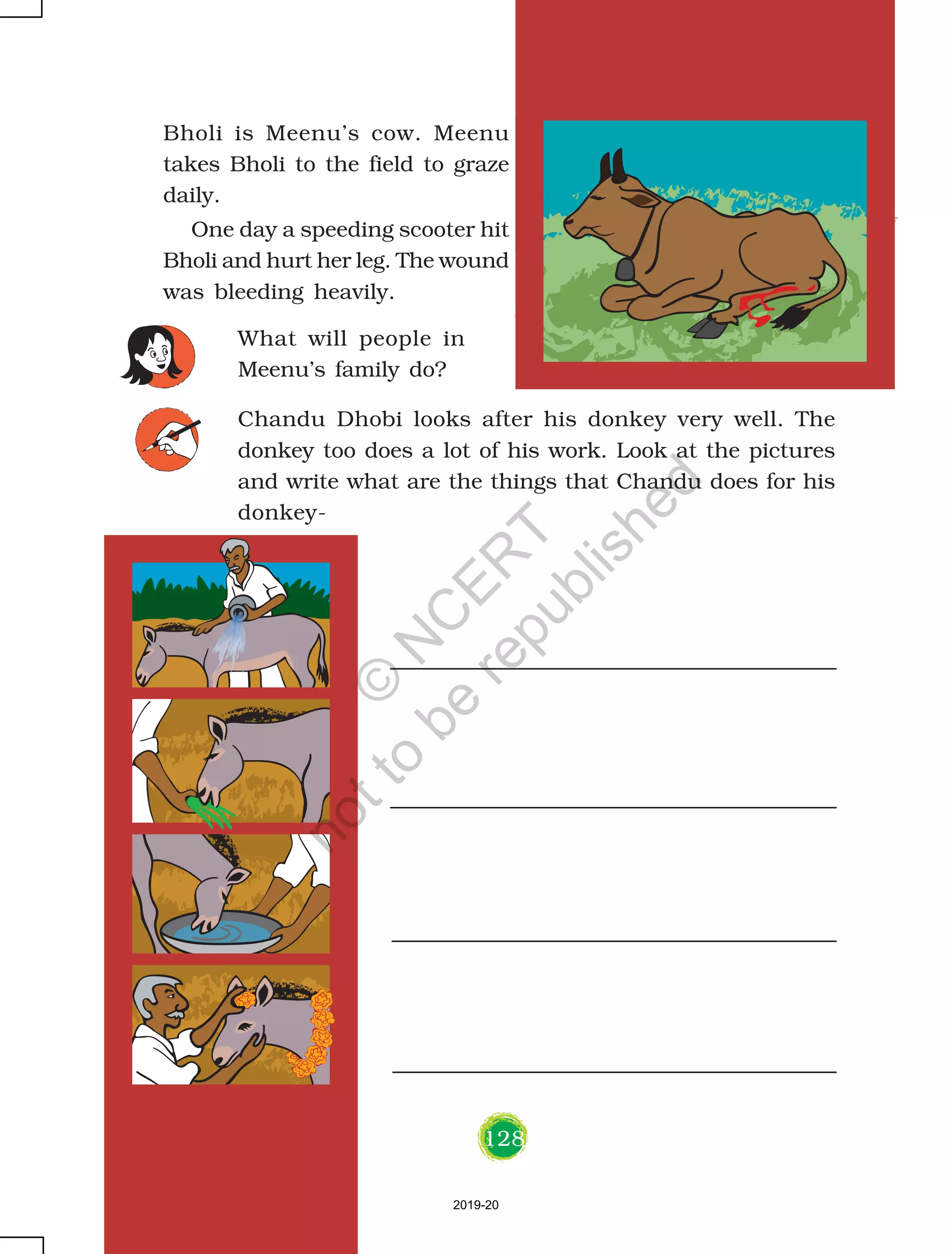 128
Bholi is Meenu’s cow. Meenu
takes Bholi to the field to graze
daily.
One day a speeding scooter hit
Bholi and hurt her leg. The wound
was bleeding heavily.
What will people in
Meenu’s family do?
Chandu Dhobi looks after his donkey very well. The
donkey too does a lot of his work. Look at the pictures
and write what are the things that Chandu does for his
donkey-
2019-20
©
N
C
ER
T
notto
be
republished
 