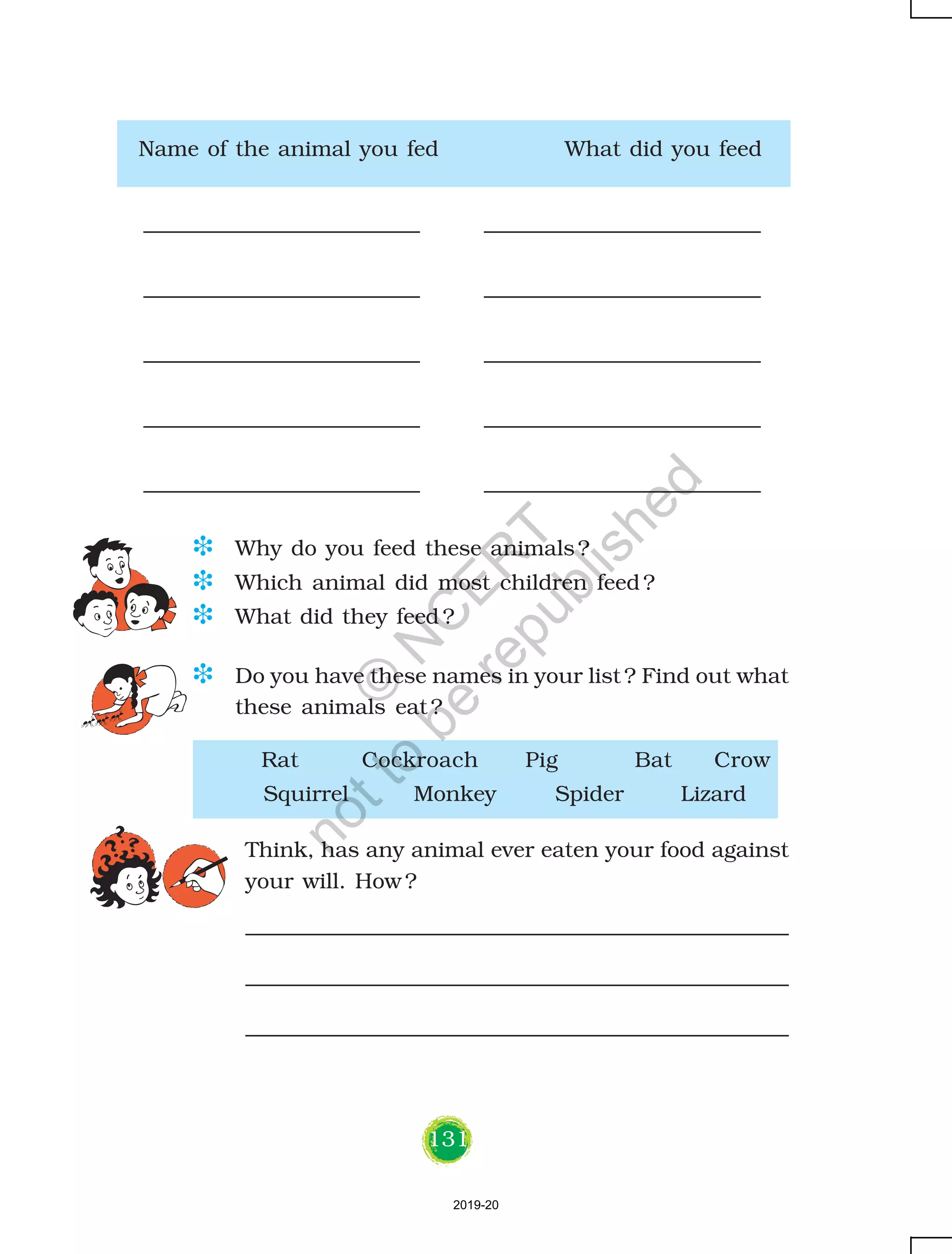 131
Name of the animal you fed What did you feed
D Why do you feed these animals?
D Which animal did most children feed ?
D What did they feed ?
D Do you have these names in your list ? Find out what
these animals eat ?
Think, has any animal ever eaten your food against
your will. How ?
Rat Cockroach Pig Bat Crow
Squirrel Monkey Spider Lizard
2019-20
©
N
C
ER
T
notto
be
republished
 