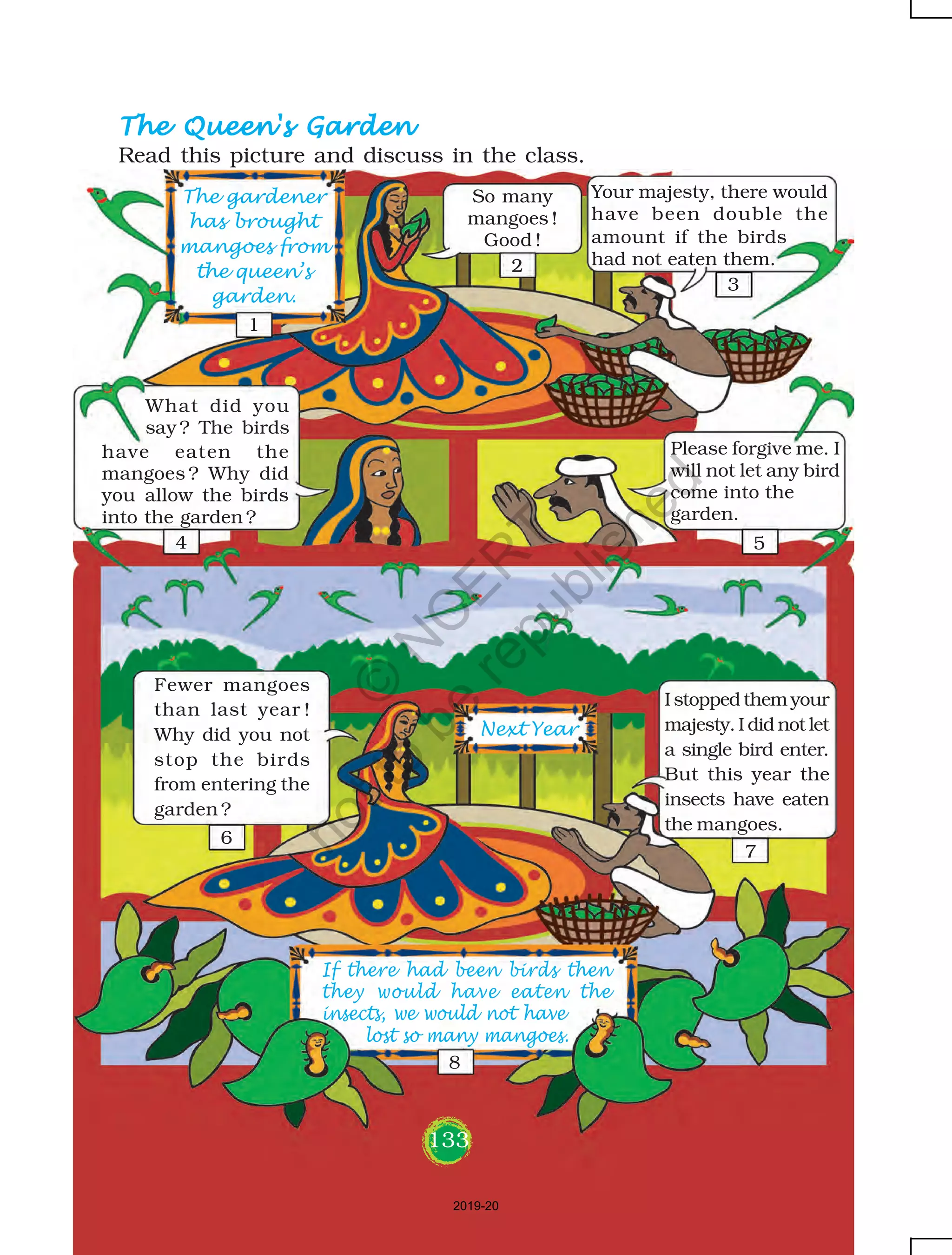 133
The gardener
has brought
mangoes from
the queen’s
garden.
So many
mangoes !
Good !
Your majesty, there would
have been double the
Please forgive me. I
will not let any bird
come into the
garden.
Fewer mangoes
than last year !
Why did you not
stop the birds
from entering the
garden ?
I stopped them your
majesty. I did not let
a single bird enter.
But this year the
insects have eaten
the mangoes.
Next Year
If there had been birds then
they would have eaten the
insects, we would not have
lost so many mangoes.
What did you
say ? The birds
have eaten the
mangoes ? Why did
you allow the birds
into the garden ?
133
The Queen's GardenThe Queen's GardenThe Queen's GardenThe Queen's GardenThe Queen's Garden
Read this picture and discuss in the class.
amount if the birds
had not eaten them.
1
2
3
4 5
6
7
8
2019-20
©
N
C
ER
T
notto
be
republished
 