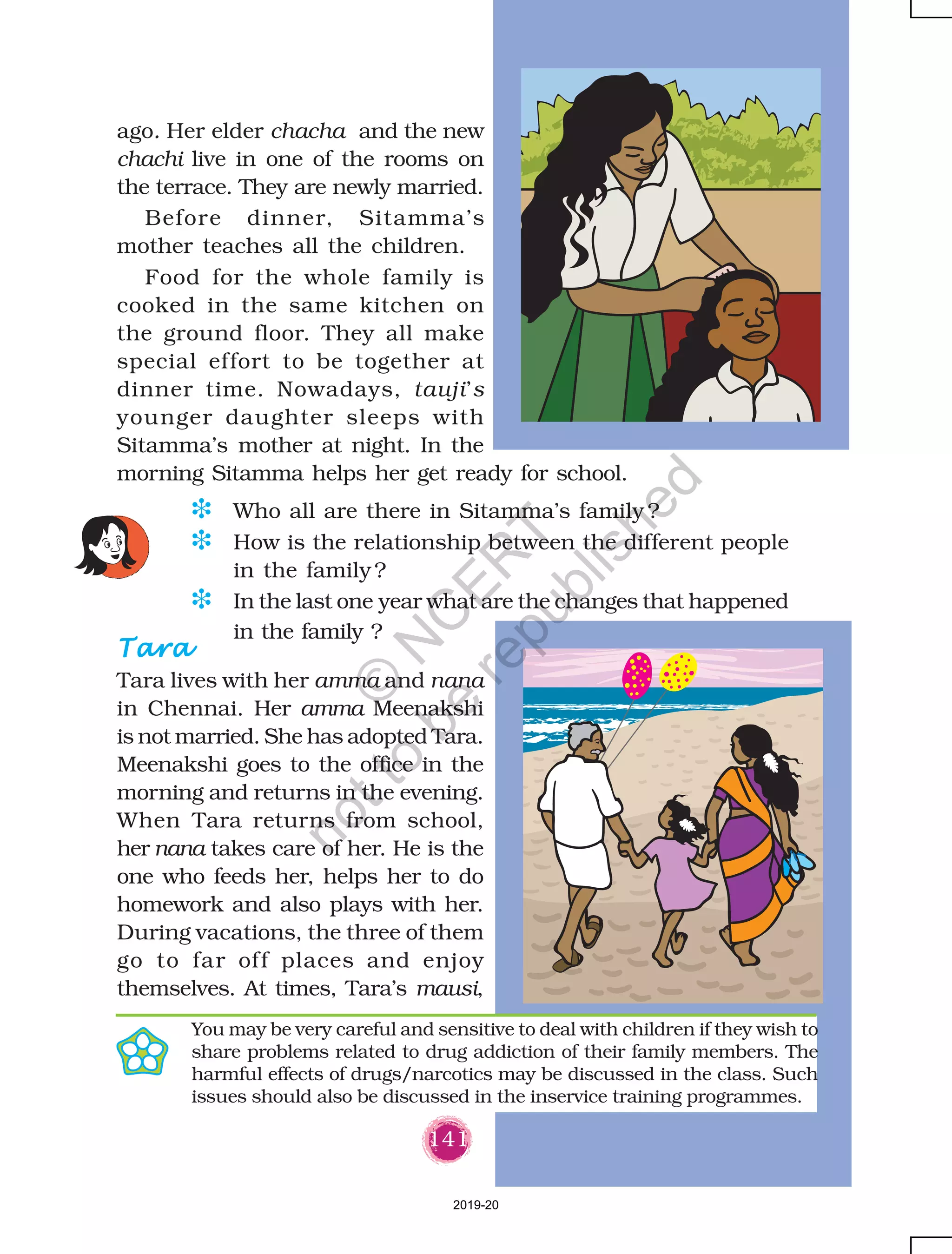 141
ago. Her elder chacha and the new
chachi live in one of the rooms on
the terrace. They are newly married.
Before dinner, Sitamma’s
mother teaches all the children.
Food for the whole family is
cooked in the same kitchen on
the ground floor. They all make
special effort to be together at
dinner time. Nowadays, tauji’s
younger daughter sleeps with
Sitamma’s mother at night. In the
morning Sitamma helps her get ready for school.
D Who all are there in Sitamma’s family ?
D How is the relationship between the different people
in the family?
D In the last one year what are the changes that happened
in the family ?
TaraTaraTaraTaraTara
Tara lives with her amma and nana
in Chennai. Her amma Meenakshi
is not married. She has adopted Tara.
Meenakshi goes to the office in the
morning and returns in the evening.
When Tara returns from school,
her nana takes care of her. He is the
one who feeds her, helps her to do
homework and also plays with her.
During vacations, the three of them
go to far off places and enjoy
themselves. At times, Tara’s mausi,
You may be very careful and sensitive to deal with children if they wish to
share problems related to drug addiction of their family members. The
harmful effects of drugs/narcotics may be discussed in the class. Such
issues should also be discussed in the inservice training programmes.
2019-20
©
N
C
ER
T
notto
be
republished
 