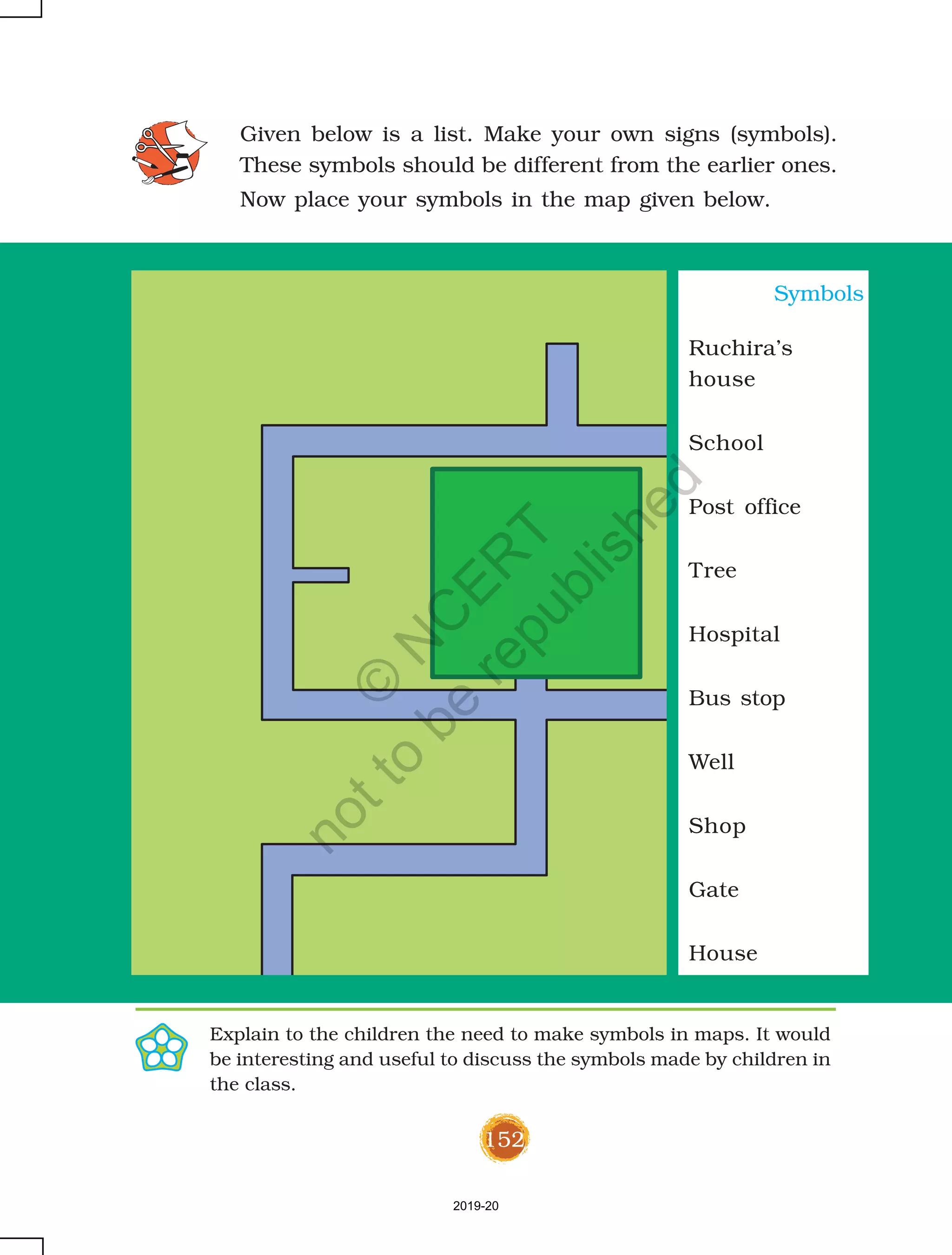 152
Given below is a list. Make your own signs (symbols).
These symbols should be different from the earlier ones.
Now place your symbols in the map given below.
Symbols
Ruchira’s
house
School
Post office
Tree
Hospital
Bus stop
Well
Shop
Gate
House
Explain to the children the need to make symbols in maps. It would
be interesting and useful to discuss the symbols made by children in
the class.
2019-20
©
N
C
ER
T
notto
be
republished
 