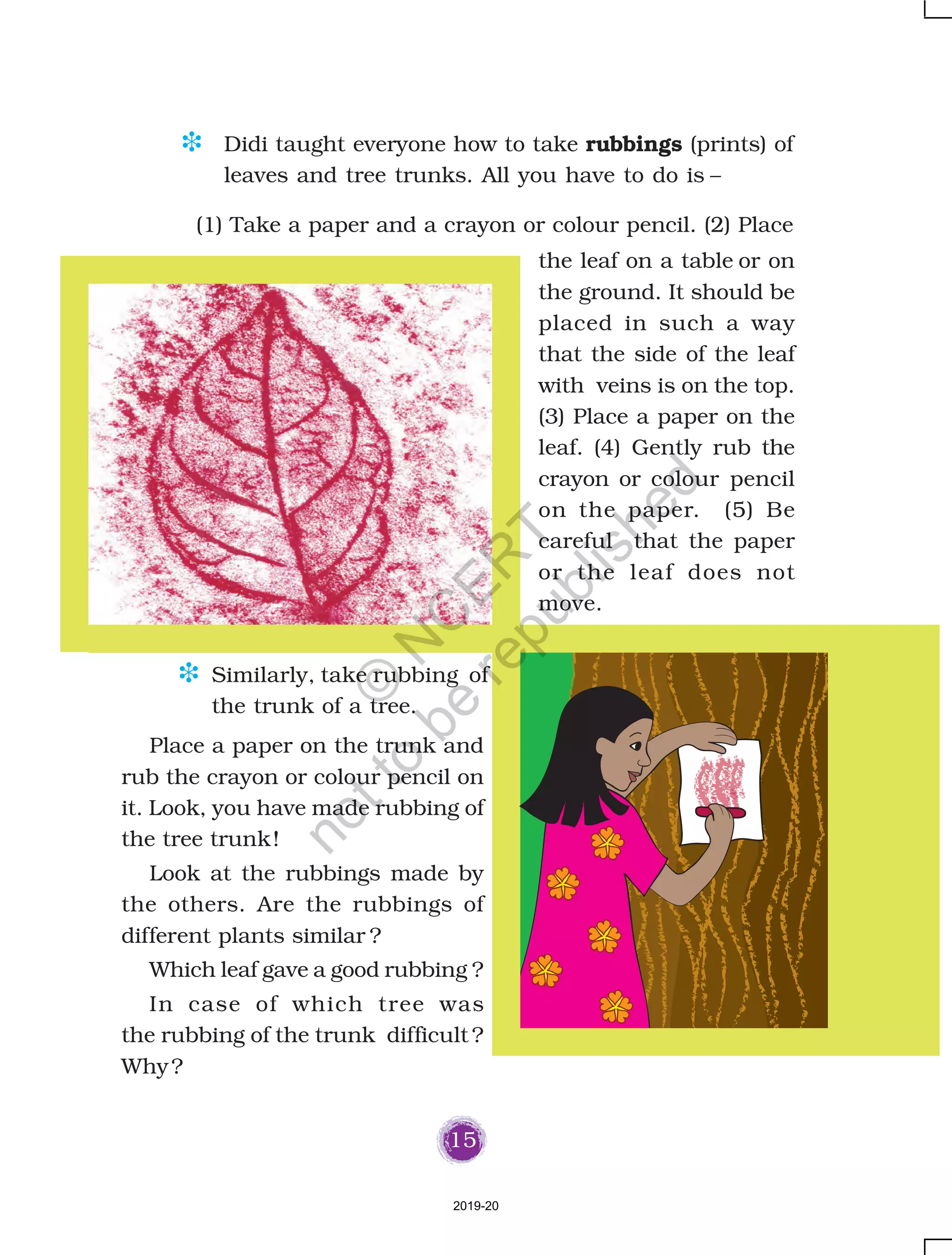 15
D Didi taught everyone how to take rubbings (prints) of
leaves and tree trunks. All you have to do is –
(1) Take a paper and a crayon or colour pencil. (2) Place
the leaf on a table or on
the ground. It should be
placed in such a way
that the side of the leaf
with veins is on the top.
(3) Place a paper on the
leaf. (4) Gently rub the
crayon or colour pencil
on the paper. (5) Be
careful that the paper
or the leaf does not
move.
D Similarly, take rubbing of
the trunk of a tree.
Place a paper on the trunk and
rub the crayon or colour pencil on
it. Look, you have made rubbing of
the tree trunk!
Look at the rubbings made by
the others. Are the rubbings of
different plants similar ?
Which leaf gave a good rubbing ?
In case of which tree was
the rubbing of the trunk difficult ?
Why?
2019-20
©
N
C
ER
T
notto
be
republished
 