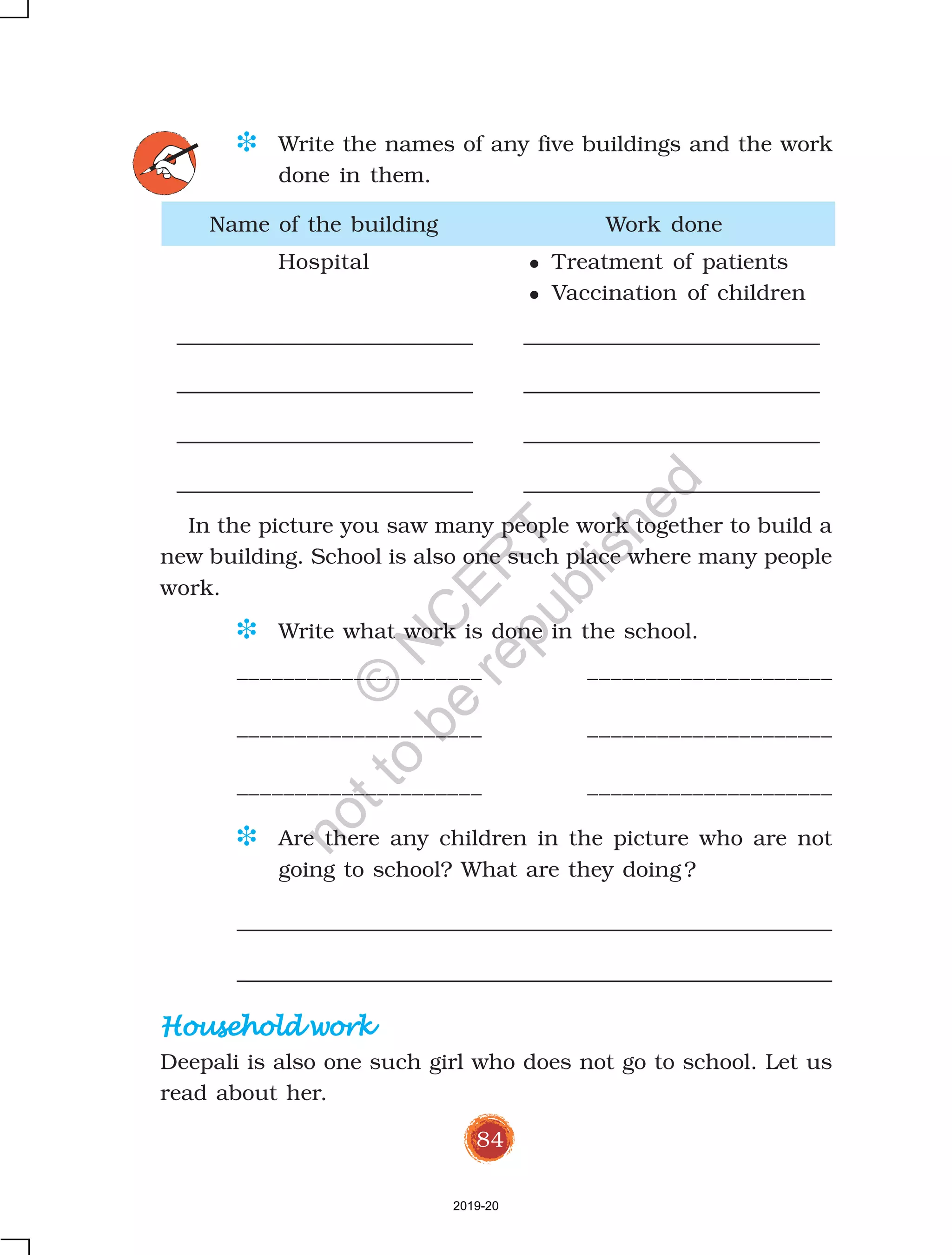 84
D Write the names of any five buildings and the work
done in them.
In the picture you saw many people work together to build a
new building. School is also one such place where many people
work.
Name of the building Work done
Hospital Treatment of patients
Vaccination of children
D Write what work is done in the school.
_____________________ _____________________
_____________________ _____________________
_____________________ _____________________
D Are there any children in the picture who are not
going to school? What are they doing?
Household workHousehold workHousehold workHousehold workHousehold work
Deepali is also one such girl who does not go to school. Let us
read about her.
2019-20
©
N
C
ER
T
notto
be
republished
 