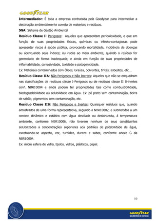 10
Intermediador: É toda a empresa contratada pela Goodyear para intermediar a
destinação ambientalmente correta de materiais e resíduos.
SGA: Sistema de Gestão Ambiental
Resíduo Classe I: Perigosos: Aqueles que apresentam periculosidade, e que em
função de suas propriedades físicas, químicas ou infecto-contagiosas pode
apresentar riscos á saúde pública, provocando mortalidade, incidência de doenças
ou acentuando seus índices; ou riscos ao meio ambiente, quando o resíduo for
gerenciado de forma inadequada; e ainda em função de suas propriedades de
inflamabilidade, corrosividade, toxidade e patogenicidade.
Ex: Materiais contaminados com Óleos, Graxas, Solventes, tintas, asbestos, etc...
Resíduo Classe IIA: Não Perigosos e Não Inertes: Aqueles que não se enquadram
nas classificações de resíduos classe I-Perigosos ou de resíduos classe II B-inertes
conf. NBR10004 e ainda podem ter propriedades tais como combustibilidade,
biodegradabilidade ou solubilidade em água. Ex: pó preto sem contaminação, borra
de sabão, pigmentos sem contaminação, etc.
Resíduo Classe IIB: Não Perigosos e Inertes: Quaisquer resíduos que, quando
amostrados de uma forma representativa, segundo a NBR10007, e submetidos a um
contato dinâmico e estático com água destilada ou desionizada, á temperatura
ambiente, conforme NBR10006, não tiverem nenhum de seus constituintes
solubilizados a concentrações superiores aos padrões de potabilidade de água,
excetuando-se aspecto, cor, turbidez, dureza e sabor, conforme anexo G da
NBR10004.
Ex: micro esfera de vidro, tijolos, vidros, plásticos, papel.
 