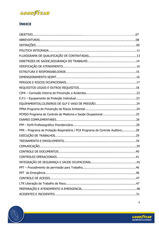 4
ÍÍNNDDIICCEE
OBJETIVO........................................................………………………………………………………...07
ABREVIATURAS............................................................................................................08
DEFINIÇÕES.................................................................................................................09
POLITICA INTEGRADA...................................................................................................11
FLUXOGRAMA DE QUALIFICAÇÃO DE CONTRATADAS......................................................13
DIRETRIZES DE SAÚDE,SEGURANÇA DO TRABALHO.......................................................14
VERIFICAÇÃO DE ATENDIMENTO...................................................................................16
ESTRUTURA E RESPONSABILIDADE...............................................................................16
DIMENSIONAMENTO SESMT..........................................................................................16
PERIGOS E RISCOS OCUPACIONAIS...............................................................................17
REQUISITOS LEGAIS E OUTROS REQUISITOS................................................................18
CIPA – Comissão Interna de Prevenção a Acidentes.........................................................22
E.P.I – Equipamento de Proteção Individual....................................................................23
EQUIPAMENTOS,CILINDROS DE GLP E VASO DE PRESSÃO..............................................24
PPRA Programa de Prevenção de Riscos Ambiental..........................................................24
PCMSO Programa de Controle de Medicina e Saúde Ocupacional......................................25
EXAMES COMPLEMENTARES..........................................................................................26
PPP - Perfil Profissiográfico Previdenciário.......................................................................28
PPR – Programa de Proteção Respiratória / PCA Programa de Controle Auditivo................28
EXECUÇÃO DE TRABALHOS...........................................................................................29
TREINAMENTO E ENVOLVIMENTO.................................................................................34
COMUNICAÇÃO.............................................................................................................39
CONTROLE DE DOCUMENTOS.......................................................................................40
CONTROLES OPERACIONAIS.........................................................................................41
INTEGRAÇÃO DE SEGURANÇA E SAUDE OCUPACIONAL...................................................45
PPT – Procedimento de permissão para Trabalho............................................................46
PPT de Emergência......................................................................................................46
CONTROLE DE ACESSO.................................................................................................47
LTR Liberação de Trabalho de Risco...............................................................................47
PREPARAÇÃO E ATENDIMENTO A EMERGENCIA..............................................................48
ACIDENTES E INCIDENTES............................................................................................51
 