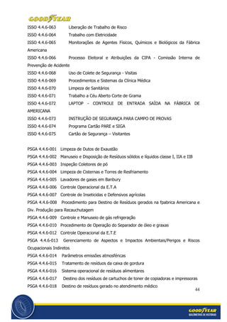 44
ISSO 4.4.6-063 Liberação de Trabalho de Risco
ISSO 4.4.6-064 Trabalho com Eletricidade
ISSO 4.4.6-065 Monitorações de Agentes Físicos, Químicos e Biológicos da Fábrica
Americana
ISSO 4.4.6-066 Processo Eleitoral e Atribuições da CIPA - Comissão Interna de
Prevenção de Acidente
ISSO 4.4.6-068 Uso de Colete de Segurança - Visitas
ISSO 4.4.6-069 Procedimentos e Sistemas da Clínica Médica
ISSO 4.4.6-070 Limpeza de Sanitários
ISSO 4.4.6-071 Trabalho a Céu Aberto Corte de Grama
ISSO 4.4.6-072 LAPTOP - CONTROLE DE ENTRADA SAÍDA NA FÁBRICA DE
AMERICANA
ISSO 4.4.6-073 INSTRUÇÃO DE SEGURANÇA PARA CAMPO DE PROVAS
ISSO 4.4.6-074 Programa Cartão PARE e SIGA
ISSO 4.4.6-075 Cartão de Segurança – Visitantes
PSGA 4.4.6-001 Limpeza de Dutos de Exaustão
PSGA 4.4.6-002 Manuseio e Disposição de Resíduos sólidos e líquidos classe I, IIA e IIB
PSGA 4.4.6-003 Inspeção Coletores de pó
PSGA 4.4.6-004 Limpeza de Cisternas e Torres de Resfriamento
PSGA 4.4.6-005 Lavadores de gases em Banbury
PSGA 4.4.6-006 Controle Operacional da E.T.A
PSGA 4.4.6-007 Controle de Inseticidas e Defensivos agrícolas
PSGA 4.4.6-008 Procedimento para Destino de Resíduos gerados na fpabrica Americana e
Div. Produção para Recauchutagem
PSGA 4.4.6-009 Controle e Manuseio de gás refrigeração
PSGA 4.4.6-010 Procedimento de Operação do Separador de óleo e graxas
PSGA 4.4.6-012 Controle Operacional da E.T.E
PSGA 4.4.6-013 Gerenciamento de Aspectos e Impactos Ambientais/Perigos e Riscos
Ocupacionais Indiretos
PSGA 4.4.6-014 Parâmetros emissões atmosféricas
PSGA 4.4.6-015 Tratamento de resíduos da caixa de gordura
PSGA 4.4.6-016 Sistema operacional de resíduos alimentares
PSGA 4.4.6-017 Destino dos resíduos de cartuchos de toner de copiadoras e impressoras
PSGA 4.4.6-018 Destino de resíduos gerado no atendimento médico
 