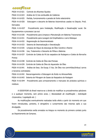 45
PSGA 4.4.6-021 Controle de efluentes líquidos
PSGA 4.4.6-023 Análise de C2 da combustão de Caldeiras
PSGA 4.4.6-025 Partida, funcionamento e parada de fonte estacionária
PSGA 4.4.6-026 Estocagem e descarte de Baterias Automotivas usadas no Deputo. Prod.
Derivados
PSGA 4.4.6-027 Procedimento para Instalação, Modificação e Desativação/ sucat. De
Equipamentos e processos Lay-out
PSGA 4.4.6-030 Procedimento para Limpeza e Manutenção em Baterias Tracionarias
PSGA 4.4.6-031 Procedimento para Lavagem de Empilhadeira e carro Reboque
PSGA 4.4.6-032 Regeneração do Desmineralizado
PSGA 4.4.6-033 Sistema de Desinsetização e Desratização
PSGA 4.4.6-035 Limpeza de Dique da descarga de Óleo Caroline e Resine
PSGA 4.4.6-036 Uso, Tratamento e Descarte de Pilhas e Baterias
PSGA 4.4.6-037 Controle da Coleta do Pó da raspadora de Rodagens e Coleta de Borracha
Prensa
PSGA 4.4.6-038 Controle da Coleta de Óleo das Prensas
PSGA 4.4.6-039 Controle de Coleta do Óleo do Aquecedor de Óleo
PSGA 4.4.6-041 Análise de Desc. De Escap. E Vaz. De Óleo nos caminhões/ônibus/ carros
e terceiros contratados
PSGA 4.4.6-042 Descarregamento e Estocagem de Ácido no Almoxarifado
PSGA 4.4.6-043 Sistema de Filtragem de Gases da Raspadora de Rodagem
PSGA 4.4.6-044 Procedimento para armazenamento e manuseio de produtos químicos e
resíduos
A GOODYEAR do Brasil reserva-se o direito de modificar os procedimentos aplicáveis
e a qualquer momento, sem prévio aviso. ( Necessidade de modificação : Solicitação
Corporativa / Legislação etc. )
As modificações eventualmente realizadas terão efeito a partir do momento em que
forem introduzidas, portanto, é obrigatório o cumprimento das mesmas após a sua
divulgação.
Os procedimentos serão enviados na íntegra no momento do primeiro contato junto
ao Departamento de Compras.
 