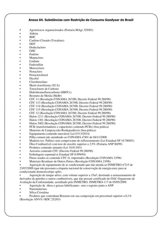 Anexo 04. Substâncias com Restrição de Consumo Goodyear do Brasil
• Agrotóxicos organoclorados (Portaria MAgr 329/85):
• Aldrim
• BHC
• Canfeno Clorado (Toxafeno)
• DDT
• Dodeclacloro
• GHC
• Endrim
• Meptacloro
• Lindane
• Endosulfan
• Metoxicloro
• Nonacloro
• Pertaclorofenol
• Dicofol
• Clorobenzilato
• Metil clorofórmio (TCA)
• Tetracloreto de Carbono
• Hidrobromofluorcarbono (HBFCs)
• Brometo de Metila (MeBr)
• CFC 11 (Resolução CONAMA 267/00, Decreto Federal 99.280/90)
• CFC 113 (Resolução CONAMA 267/00, Decreto Federal 99.280/90)
• CFC 114 (Resolução CONAMA 267/00, Decreto Federal 99.280/90)
• CFC 115 (Resolução CONAMA 267/00, Decreto Federal 99.280/90)
• CFC 12 (Resolução CONAMA 267/00, Decreto Federal 99.280/90)
• Halon 1211 (Resolução CONAMA 267/00, Decreto Federal 99.280/90)
• Halon 1301 (Resolução CONAMA 267/00, Decreto Federal 99.280/90)
• Halon 2402 (Resolução CONAMA 267/00, Decreto Federal 99.280/90)
• PCB (transformadores e capacitores contendo PCBs) (boa prática)
• Materiais de Limpeza não Biodegradáveis (boa prática)
• Equipamento contendo mercúrio( Lei15313/2014)
• Pilha comum não atendendo ao CONAMA nº401 de 04/11/2008
• Madeira (ex. Pallets) sem comprovante de reflorestamento (Lei Estadual SP 10.780/01)
• Óleo Combustível com teor de enxofre superior a 2,5% (Portaria ANP 80/99)
• Produtos contendo amianto (Lei 10.813/01)
• Aerosóis contendo CFC (Decreto Federal 99.280/90)
• Embalagens espumad ei Estadual SP 8.999/94)
• Pneus usados as contendo CFC (L importados (Resolução CONAMA 23/96)
• Materiais Residuais de Outros Países (Resolução CONAMA 23/96)
• Aquisição de equipamento de ar condicionado que não atenda ao INMETRO nº215 de
23/07/2009 (que não possuam a etiqueta nacional de conservação de energia-ence para ar
condicionado domestico/tipo split).
• Aquisição de tanque aéreo, com volume superior a 15m³, destinado a armazenamento de
derivados de petróleo e outros combustíveis, que não possuir certificado do OAC-Organismo de
Avaliação da Conformidade, acreditado pelo INMETRO. INMETRO-117 de 05/05/2009.
• Aquisição de óleos e graxas lubrificantes sem o registro junto a ANP
• Nanomateriais
• Sílica Cristalina
• Produtos que contenham Benzeno em sua composição em percentual superior a 0,1%
(Resolução ANVS / RDC 252/03)
 