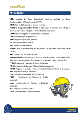 8
Abreviaturas
ASO: Atestado de Saúde Ocupacional, conforme definido na Norma
Regulamentadora NR-9, da Portaria 3214/78.
ABNT: Associação Brasileira de Normas Técnicas.
Auditoria comportamental: Método de observação e interação com a força de
trabalho, com foco na atitude e no comportamento das pessoas.
CREA: Conselho Regional de Engenharia e Arquitetura.
CRM: Conselho Regional de Medicina.
DRT: Delegacia Regional do Trabalho.
IN: Instrução Normativa do MTE.
PPT: Permissão para Trabalho.
SESMT: Serviços Especializados em Engenharia de Segurança e em Medicina do
Trabalho.
SSO: Segurança e Saúde Ocupacional
Meio Ambiente: Circunvizinhança em que uma organização opera, incluindo ar,
água, solo, recursos naturais, flora, fauna, seres humanos e suas inter-relações.
PPRA: Programa de Prevenção de Riscos Ambientais.
PCMSO: Programa de Controle Médico e Saúde Ocupacional.
PCMAT: Programa de Condições e Meio Ambiente de Trabalho na Indústria da Construção.
PPR: Programa de Proteção Respiratória.
ISSO: Instrução de Segurança e Saúde Ocupacional
PSGA : Procedimento do Sistema de Gestão
Ambiental
LAIA: Levantamento de Aspectos e Impactos
Ambientais
PCA: Programa de Controle Auditivo
LPRO: Lista de Perigos e Riscos Ocupacionais
 
