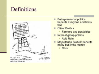 Definitions Entrepreneurial politics: benefits everyone and limits few Client Politics Farmers and pesticides Interest group politics Acid Rain Majoritarian politics: benefits many but limits money Cars 